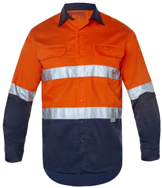 Workhorse Hi Vis Cotton Shirt MSH006 - Fluro Ora/Navy (Size: 4XL)