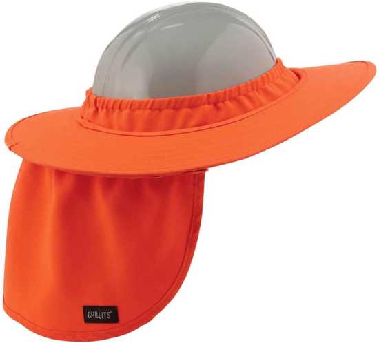 Chill-Its orange hard hat brim, designed for sun protection, UV +50 treated, fits most hard hats for outdoor work safety.