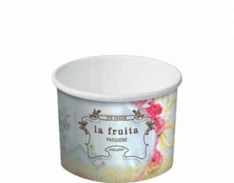 La Fruita 16oz paper ice cream cups, durable and stylish with unique design, perfect for serving frozen treats on any occasion.