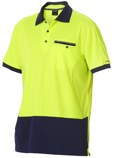 Hi Vis Hyperfreeze Polo in Yellow/Navy, 2XL, featuring cooling technology, side mesh panels, and a chest pocket for work safety.