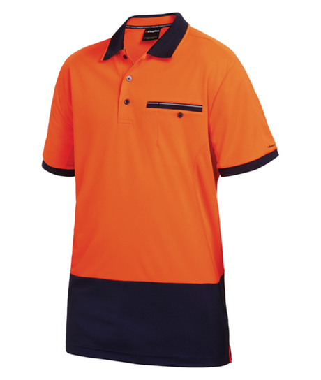 Hi Vis Orange/Navy polo in Size L with cooling technology, side mesh panels, and practical pocket for outdoor work safety.