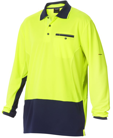 Hi Vis Yellow/Navy polo shirt in 3XL, featuring cooling technology, UPF 50+ protection, and ergonomic design for workwear comfort.