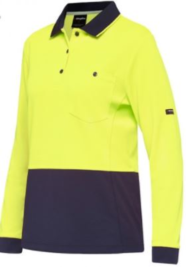 Bright yellow and navy women's hi-vis polo with cooling technology, chest pocket, and UPF 50+ for work safety. Size M.