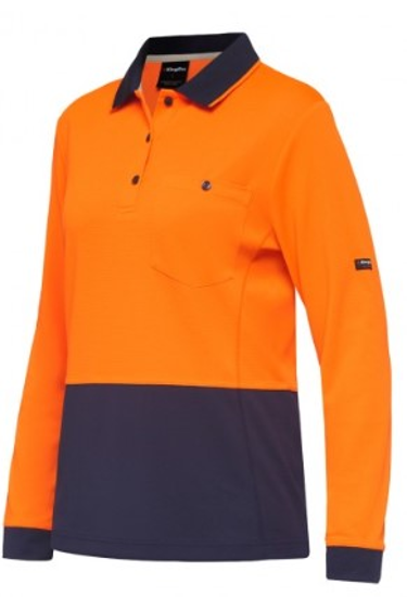 KingGee Women's Hi Vis Hyperfreeze Polo in Orange/Navy, size 3XL, featuring cooling technology and UPF 50+ protection.