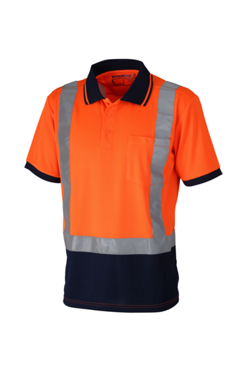 Hi-vis orange and navy micromesh polo shirt, size 5XL, with breathable fabric, chest pocket, and safety compliance features.