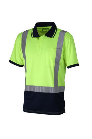 High visibility yellow/navy micromesh polo shirt, size M, with breathable fabric and chest pocket for convenience.