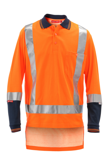 Hard Yakka Koolgear Polo in Fluro Orange/Navy, Size XL, designed for comfort and visibility in hot work environments.