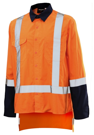 Fluro orange and navy KingGee ripstop shirt in 5XL, featuring cooling vents and UPF 50+ sun protection for outdoor safety.