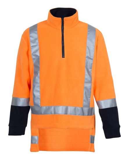 Fluro orange and navy 2XL fleece pullover with anti-pill fabric, fleece cuffs, hand warmer pockets, and high visibility safety compliance.