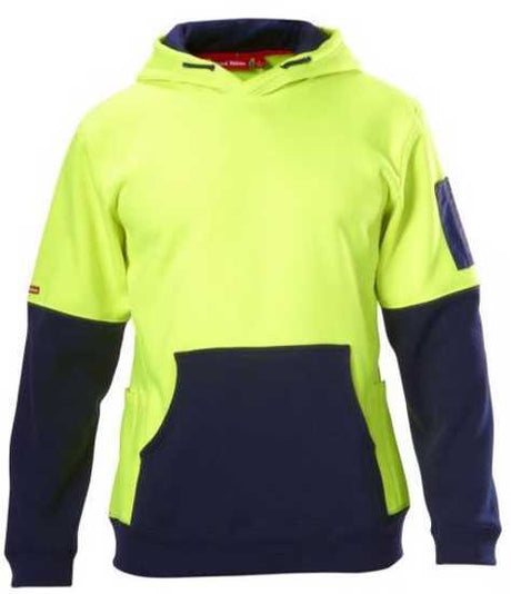 Hi Vis Yellow/Navy fleece hoodie in 3XL, features kangaroo pockets, pencil pocket, and UPF 50+ protection for workplace safety.