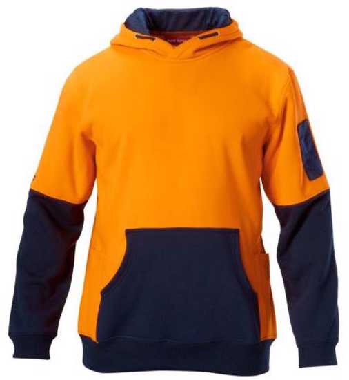 Hi-Vis orange and navy fleece hoodie with pockets, safety features, and 6XL size for outdoor work visibility and comfort.