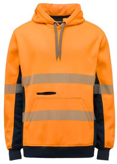 Hi Vis Hoodie in Orange/Navy, Size L, featuring front pocket, drawstring hood, and Reflective tape for safety on chilly worksites.