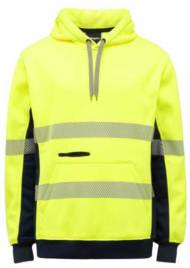 High visibility yellow and navy hoodie with UPF 50+, kangaroo pocket, and Reflectec tape for enhanced safety on the job.