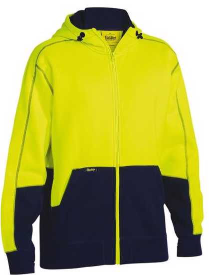 Fluro yellow Bisley Hi Vis fleece hoodie (4XL) with full zip, kangaroo pockets, and UPF 50+ protection for high visibility.