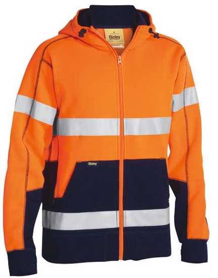 Hi Vis Fleece Hoodie in Orange/Navy, 2XL, featuring reflective tape, full zip, and UPF 50+ for enhanced safety and comfort.