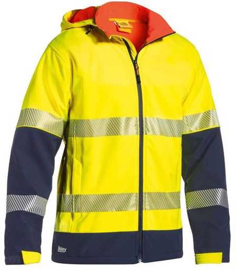 Hi Vis Yellow/Navy soft shell jacket for enhanced visibility, featuring waterproof zippers, a modern fit, and 3M reflective tape.