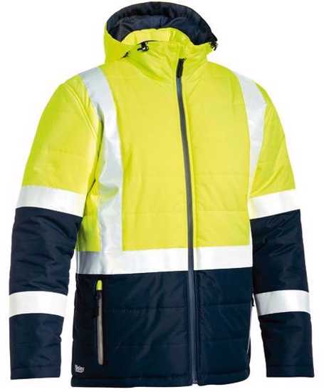 Hi Vis Puffer Jacket in yellow/navy, size 6XL, featuring quilted warmth, waterproof zip, and reflective pockets for visibility.
