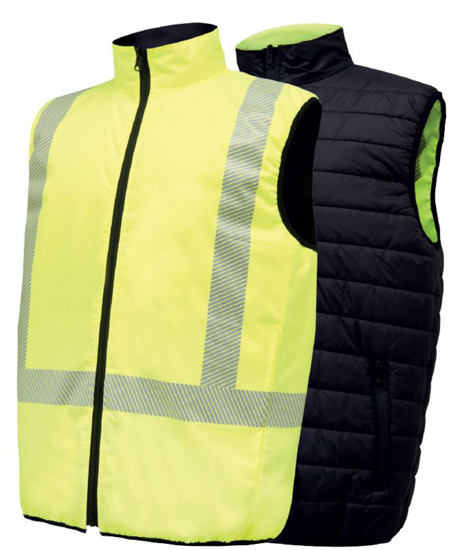 Hi Vis reversible puffer vest in vibrant yellow, XL size, featuring reflective tape and multiple zippered pockets for safety and warmth.