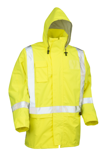 Hi-vis Fluro Yellow rain jacket, size M, with breathable mesh lining, adjustable hood, storm collar, and multiple pockets.