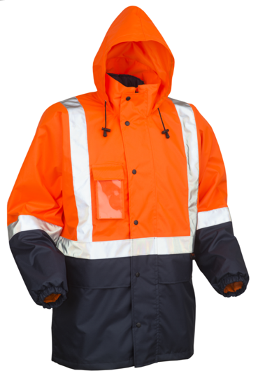 Hi Vis 4-in-1 Jacket in Navy Fluro Orange, size XL, featuring waterproof fabric, adjustable hood, and multiple storage pockets.