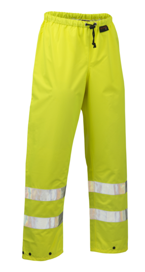 Hi-vis fluro yellow over trousers for wet and night use, size 2XL, durable, breathable, and adjustable for a perfect fit.