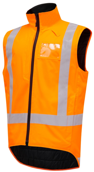 Hard Yakka Hi Vis Quilted Vest in Fluro Orange, size 4XL, featuring waterproof material, multiple pockets, and enhanced breathability.