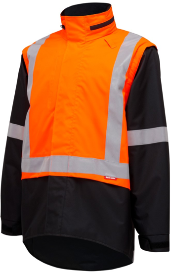 Hi Vis Zip Off Sleeve Jacket in Orange/Black, size 4XL; waterproof, breathable, versatile with detachable sleeves and multiple pockets.