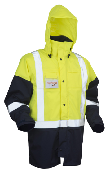 Hi Vis 5-in-1 jacket in yellow/navy, size 5XL, waterproof, breathable, with storm collar and multiple storage pockets.