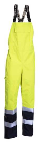 Tornado Advanced XL bib over trousers in Yellow/Navy, featuring waterproof, breathable fabric and practical storage pockets.