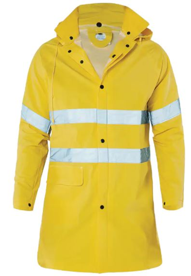 Yellow Workhorse Taped PVC Jacket MJA026 in 5XL, featuring waterproof PVC, welded seams, detachable hood, and night-use compliance.