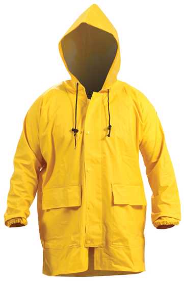 Yellow Bison PVC parka, size M, features waterproof design, adjustable hood, storm pockets, and breathable vents for outdoor protection.