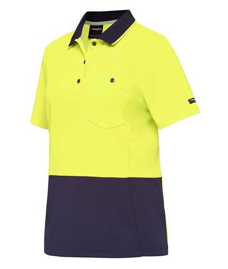 KingGee Women's Hi Vis Hyperfreeze Polo in yellow/navy, size 3XL, with cooling technology and chest pocket for work safety.