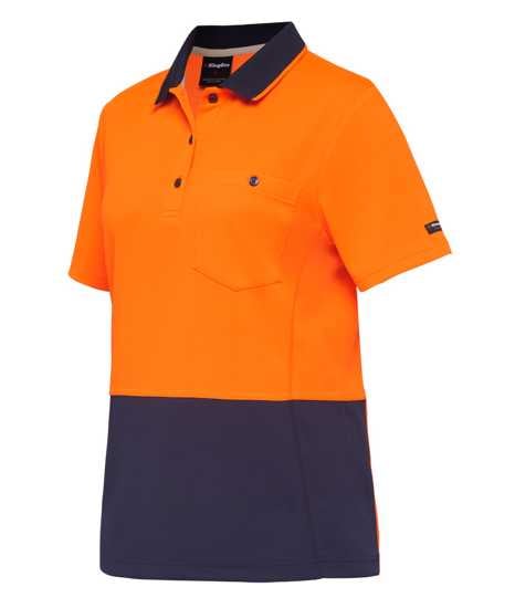 Hi Vis orange and navy polo for women, featuring cooling technology, chest pocket, and durable polyester, size S.