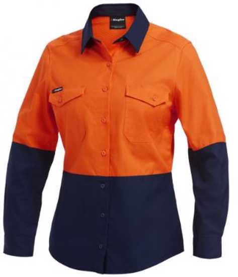 Hi-vis orange and navy women's ripstop shirt with cooling vents, secure pockets, and sun protection collar, size 6.