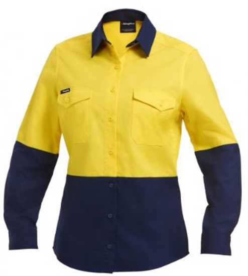 Hi-Vis yellow and navy women's ripstop shirt with cooling vents, UPF 50+, and secure chest pockets for outdoor work safety.