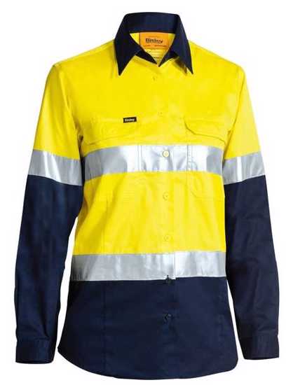 Hi Vis lightweight shirt for women in Fluro Yellow/Navy, featuring reflective tape, breathable mesh, and practical pockets.