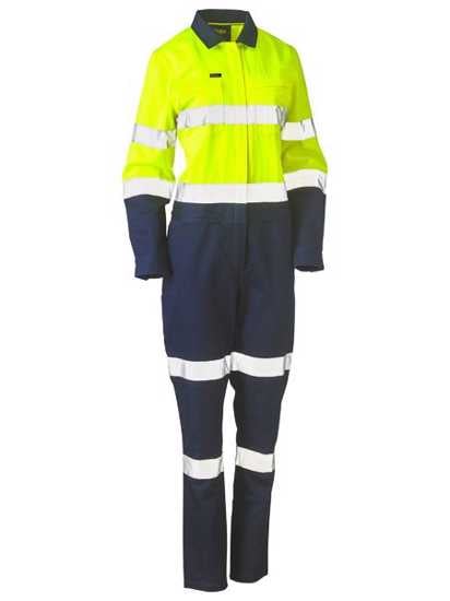 Hi Vis Yellow/Navy women's cotton overall with reflective tape, drop-back zip, multi-function pockets, and durable double-layer knees.
