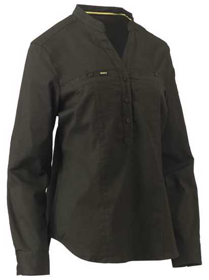 Olive women's v-neck shirt, size 8, with stretch fabric, UPF 50+ protection, and two chest pockets for style and functionality.