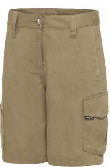 Khaki KingGee Women's Ripstop Shorts in size 12, featuring durable fabric, modern fit, and ten multifunctional pockets.