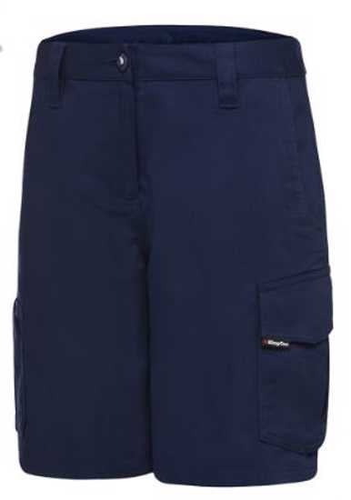 KingGee Women's Navy Ripstop Shorts in size 8 with ten pockets, durable fabric, and modern fit for outdoor activities.