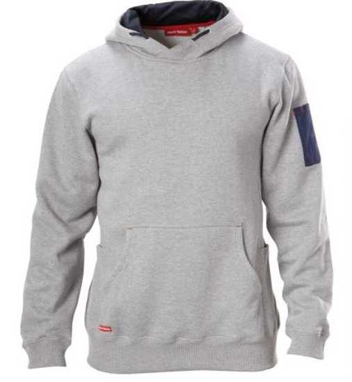 Hard Yakka grey brushed fleece hoodie in 3XL with kangaroo pockets, utility pockets, and a breathable mesh hood lining.