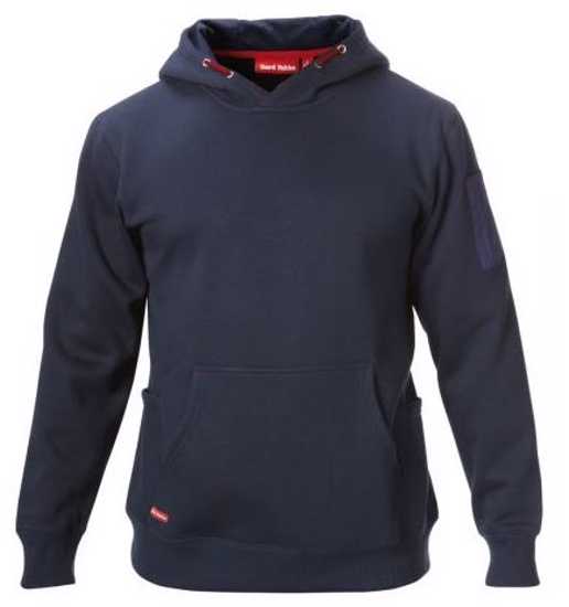 Navy Hard Yakka brushed fleece hoodie in 2XL, featuring kangaroo pockets, pencil pocket, and ribbed cuffs for comfort.