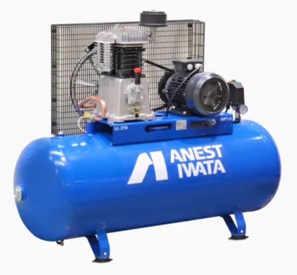 High-performance Anest Iwata air compressor with 270L tank, low noise, twin-cylinder pump, and durable cast iron construction.