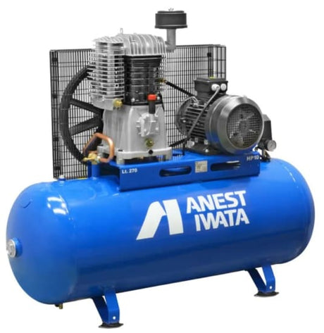 High-performance Anest Iwata 10HP air compressor with 270L tank, twin cylinder pump, and low noise design, ideal for industrial use.