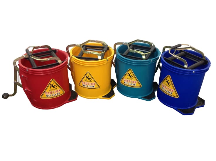 Filta 16L Blue Bucket with foot press wringer, designed for easy cleaning and mobility, HACCP approved.