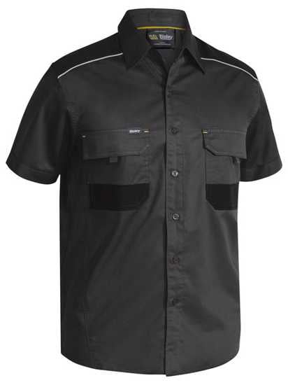 Charcoal Bisley FLX & MOVE Stretch Shirt, size M, featuring mechanical stretch fabric, reflective piping, and practical pockets.