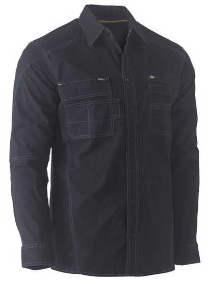 Black Bisley FLX & MOVE Utility Shirt in size L, featuring antibacterial treatment, stretch fabric, and multi-functional pockets.