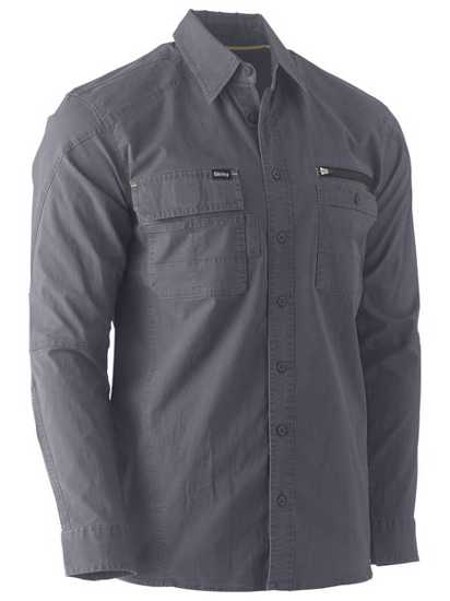 Charcoal Bisley FLX & MOVE Utility Shirt in size L, featuring stretch cotton, antibacterial treatment, and practical utility pockets.