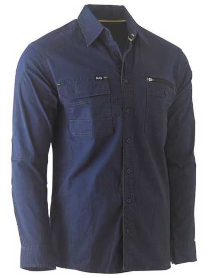 Navy XL Bisley FLX & MOVE Utility Shirt, featuring UPF 50+, antibacterial treatment, and multiple reinforced pockets for workwear comfort.