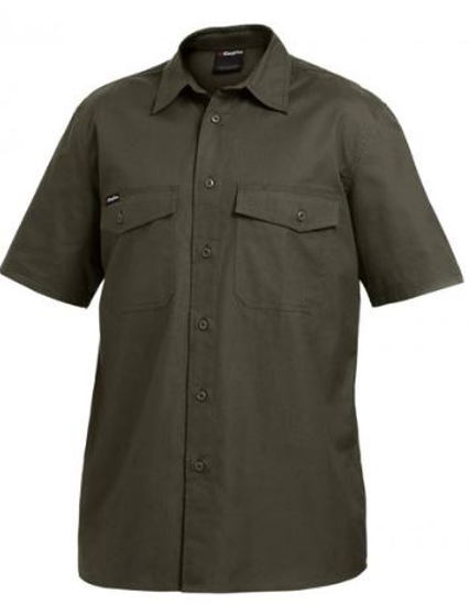 Green KingGee Workcool 2 Ripstop Shirt in 2XL, features breathable fabric, cooling vents, and secure chest pockets for workwear durability.